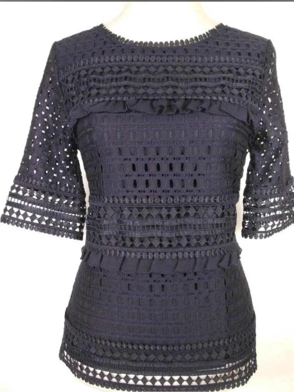 Banana Republic Women’s Medium Navy Blue Lace Crochet Knit Top Lined Boho Blouse